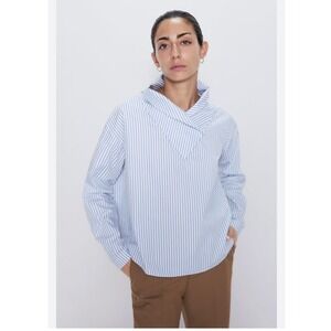 Zara Womens Blue White Striped Asymmetrical Snap Collar Blouse Small